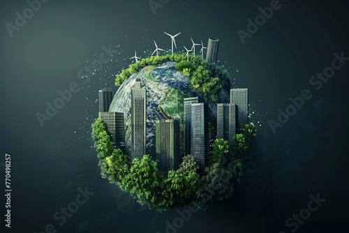 3D rendering of city on globe, with trees, windmills, skyscrapers, and houses