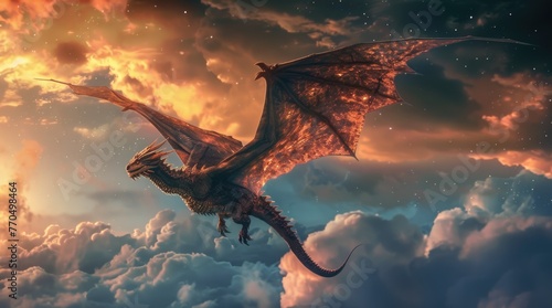 Big stunning red dragon fly high above the clouds. Mystical magical creature from fairy tale. Sky background. Monster from legends and myths. Mystery wild animal from old medieval times. Wyvern photo