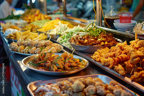 Food blogger tasting street food, vibrant market scene - sensory, culinary exploration,