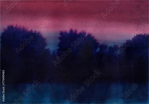 minimalist landscape drawing in red and dark blue ink photo
