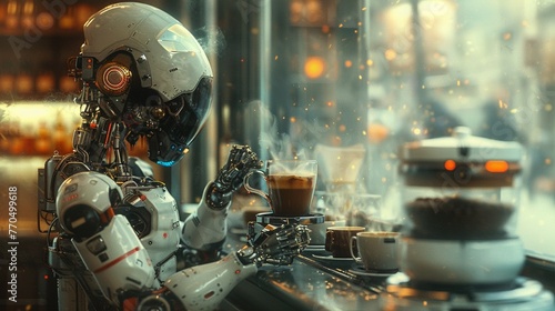 Discover the surreal beauty of a cyborgs dedication to the art of coffee brewing, where every cup is a masterpiece of flavor and complexity, high detailed