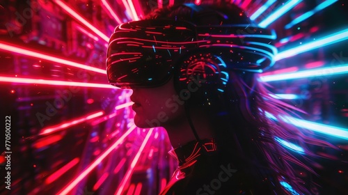 Metaverse digital Avatar, Metaverse Presence, digital technology, cyber world, virtual reality, futuristic lifestyle. Woman in augmented reality, NFT game with neon blur lines © Khalif