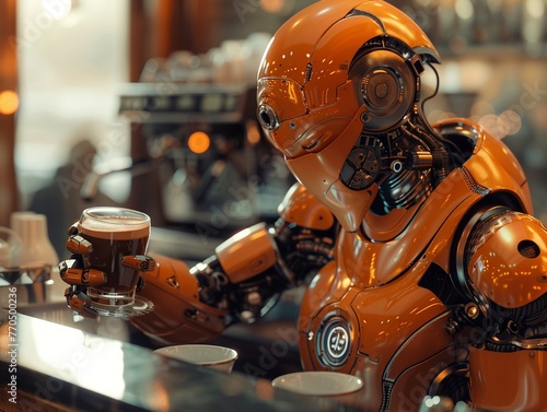 Redefine the concept of coffee culture through surreal depictions of a cyborg as the guardian of the slow bar, bridging the gap between man and machine, professional color grading