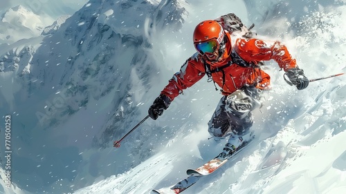 Skier skiing downhill in high mountains during sunny day. Extreme sport.