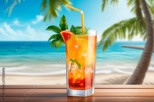 A beautiful exotic fruit tropical drink or lemonade in a tall glass on the beach against the background of the sea or ocean.