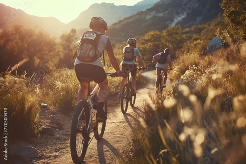 Cyclists navigate a dusty trail at dusk, the fading sunlight casting a warm glow over the landscape, echoing the freedom and camaraderie of the ride. photo