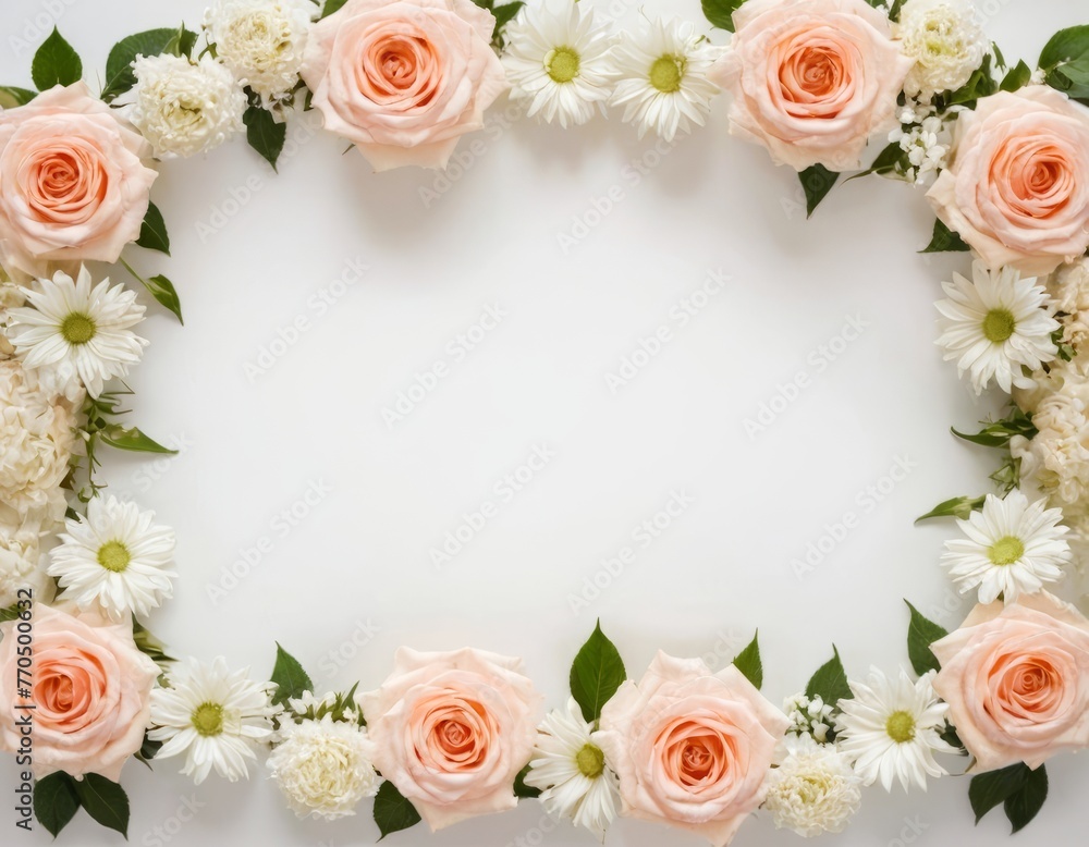 frame of pink rose flowers on a white background, mix of colorful flowers. Spring composition, Greeting card design for holiday, Mother's day, Easter, Valentine day. copy space. Flat lay, top view frame of pink rose flowers on a white background, mix of colorful flowers. Spring composition, Greeting card design for holiday, Mother's day, Easter, Valentine day. copy space. Flat lay, top view