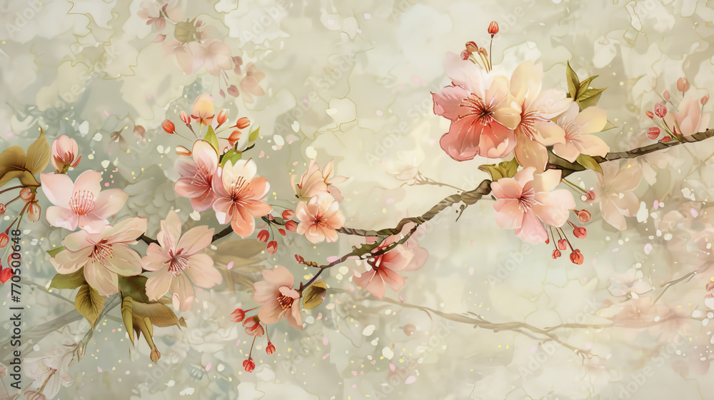 Stylized painting of cherry blossoms with a vintage, impressionist touch, evoking romantic and nostalgic emotions
