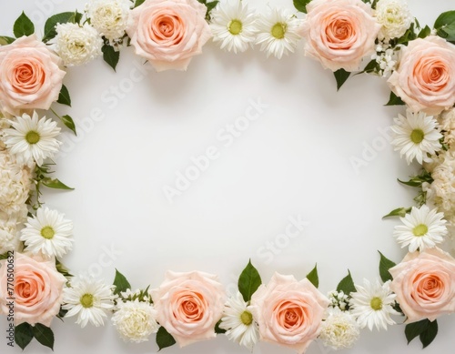 frame of pink rose flowers on a white background, mix of colorful flowers. Spring composition, Greeting card design for holiday, Mother's day, Easter, Valentine day. copy space. Flat lay, top view © Pink Zebra