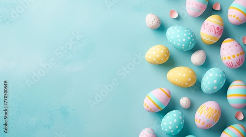 Colorful Easter eggs with various patterns on a turquoise background with copy space for text.