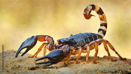 Closeup and side view of a black and orange aggressive scorpion in defensive position with its stinger full of poison, in the desert. Generative Ai. photo
