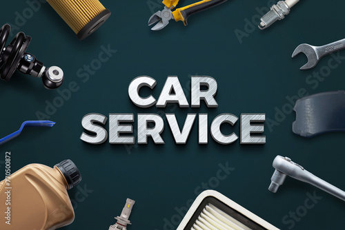 Metal Car Service' text surrounded by car parts: oil filter, oil can, LED bulb, air filter, brake pads, shock absorber, and tools