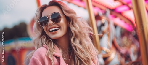 A woman with sunglasses and pink coat rides a carousel. Her hair flows in the wind as she smiles, showcasing stylish eyewear © AkuAku