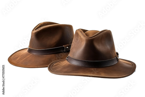 Two Brown Leather Cowboy Hats. On a White or Clear Surface PNG Transparent Background.
