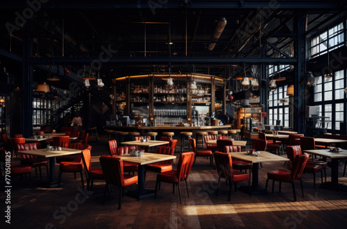 Cozy wooden interior of restaurant  copy space. Comfortable modern dining place  contemporary design background.