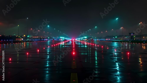 . The shimmering reflection of runway lights on a rainsoaked tarmac as flights continue to arrive and depart in the late hours. photo