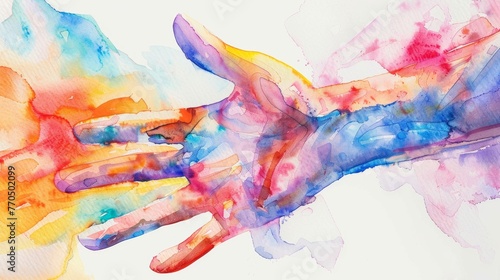 Watercolor painted hands in a vibrant splash of colors photo