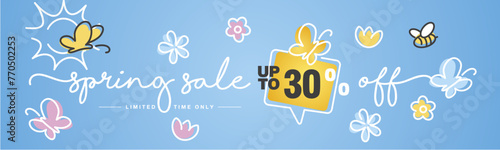 Spring Sale up to 30% percent off speech bubble handwritten typography lettering line design colorful flowers butterflies bee and sun blue greeting card