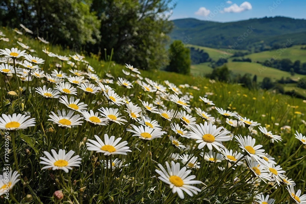 white flowers in the field with mountains in the background, meadow with flowers. 