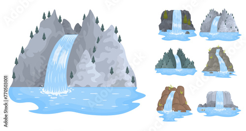 River waterfall falls from cliff on white background. Picturesque tourist attraction with small waterfall and clear water. Cartoon landscapes with mountains and trees. Vector illustration.
