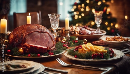 A festive holiday dinner table with a glazed ham centerpiece, surrounded by side dishes and Christmas decorations, exudes a warm, cozy atmosphere.