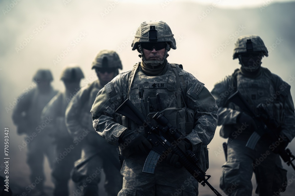 A group of Sentinels of Protection army soldiers walking through a foggy field, their silhouettes barely visible amidst the mist. Generative AI A group of Sentinels of Protection army soldiers walking through a foggy field, their silhouettes barely visible amidst the mist. Generative AI