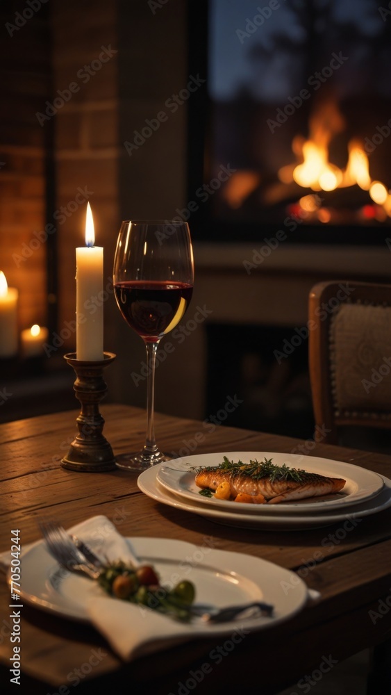 romantic date with wine against the background of the fireplace
