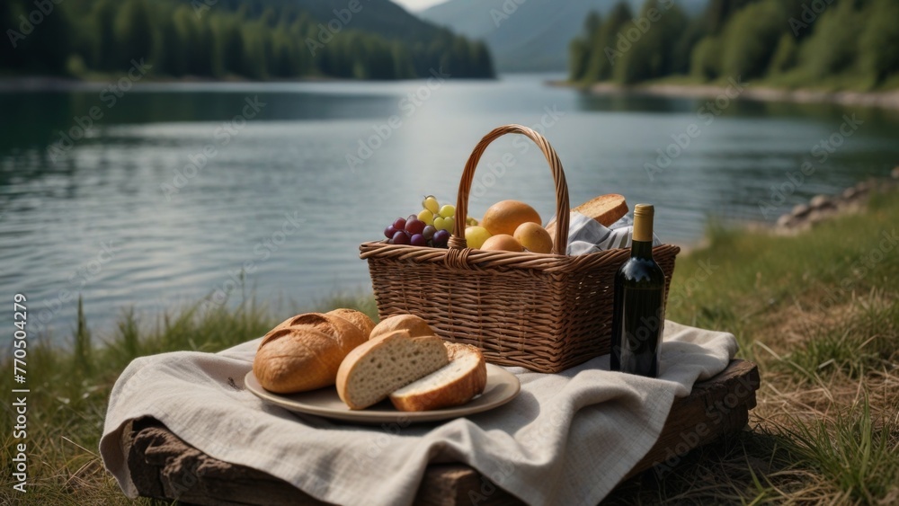 Picnic overlooking the lake with bread and wine and a wicker basket