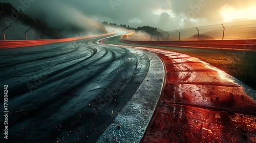 Capture the adrenaline rush of a racing track, with tire marks tracing the paths of blistering speed around each curve. photo