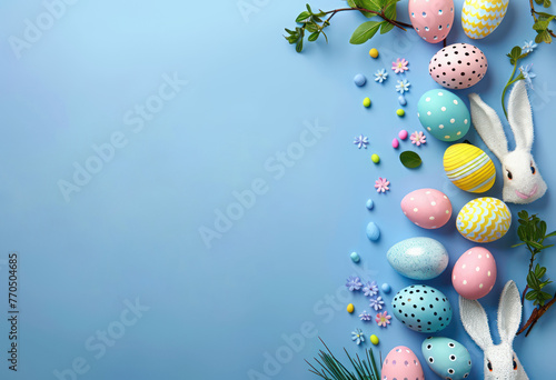 Top view illustration of easter bunny ears colorful vivid eggs and sprinkles on isolated light blue background with copy space, leaving space for text or advertising photo
