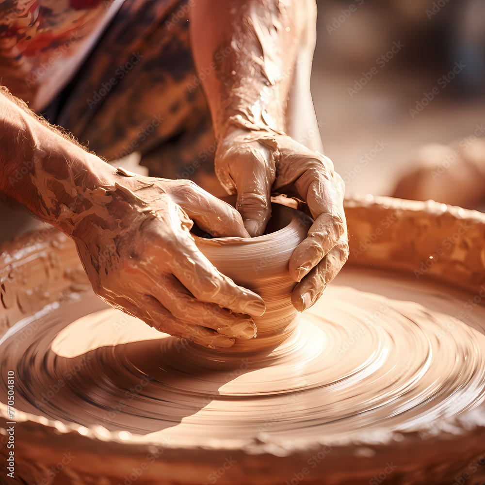 A close-up of a potter shaping clay on a wheel. 