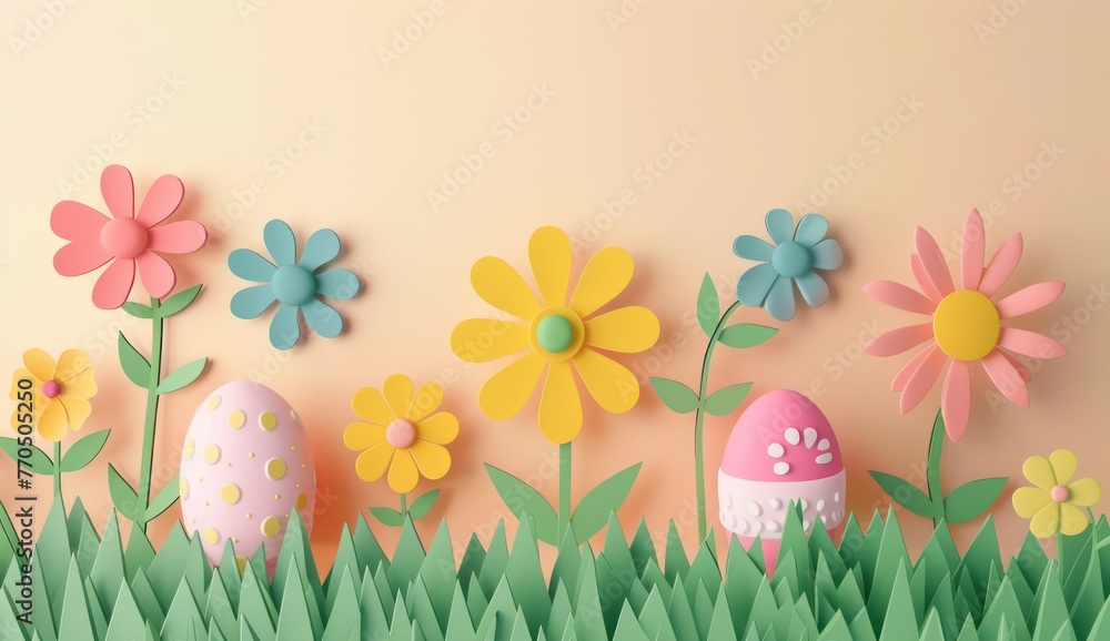 Paper cut illustration of colorful paper art easter rabbit, grass, flowers and egg shape. Easter background and banner