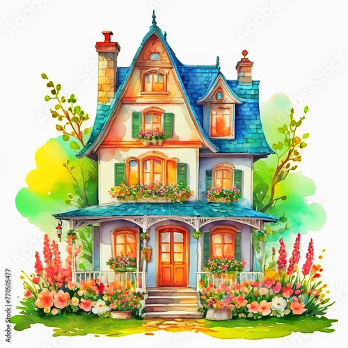 Watercolour, a cute house in the spring on a white background