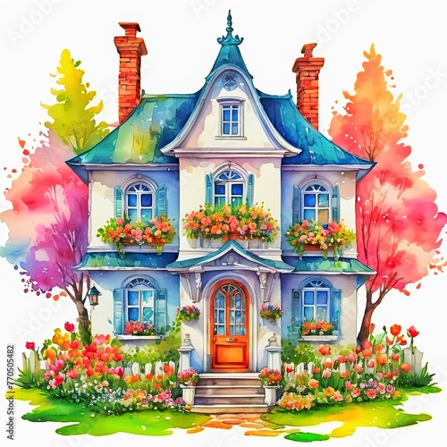 Watercolour, a cute house in the spring on a white background