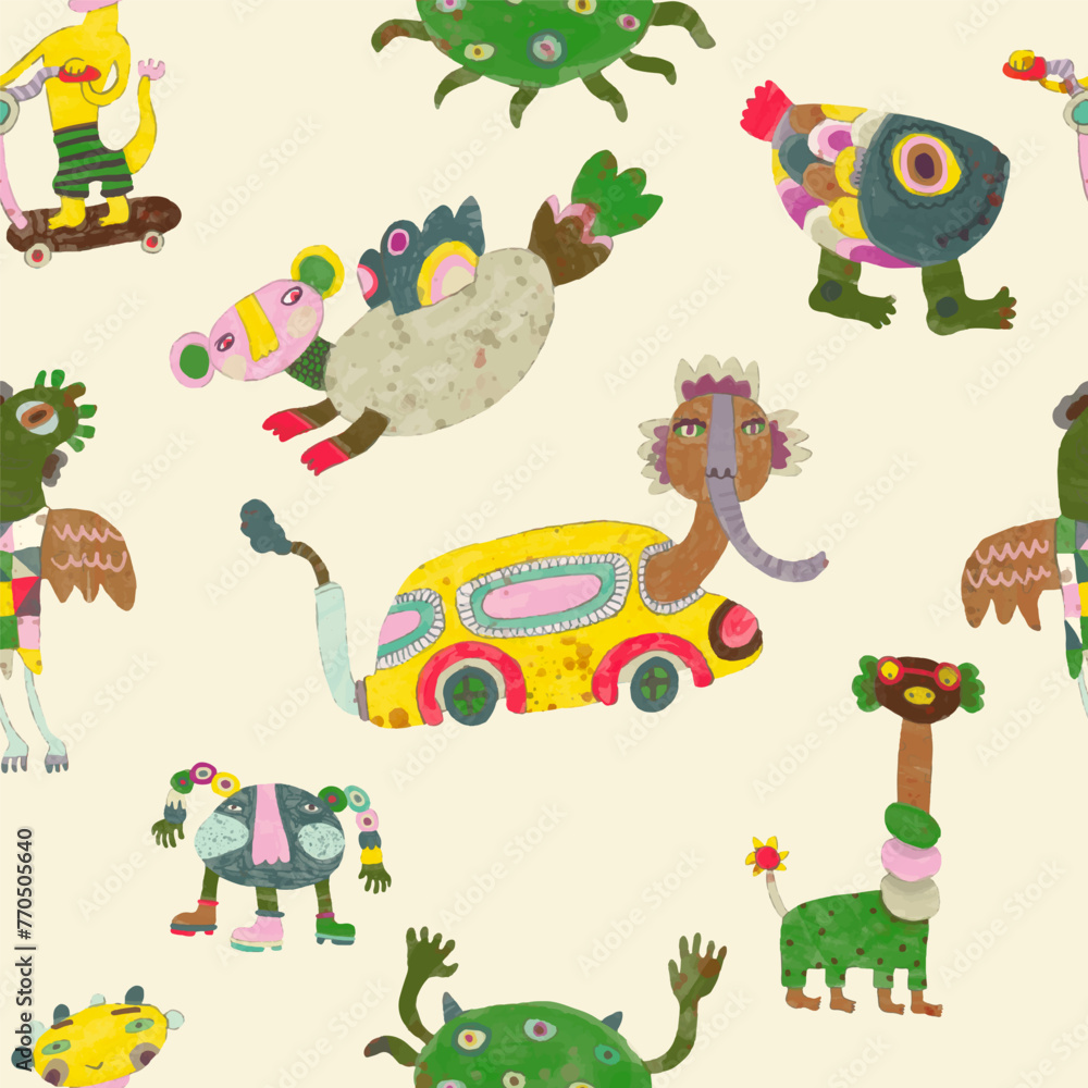 Naklejka premium Monster seamless pattern. watercolor vector illustration. animal.