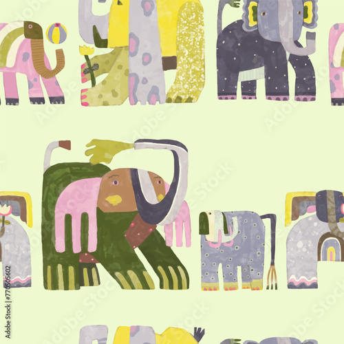 Elephant seamless watercolor vector seamless pattern.