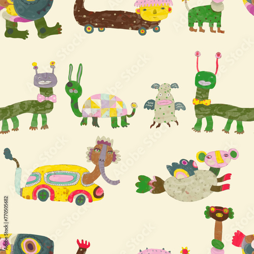 Monster seamless pattern. watercolor vector illustration. animal.