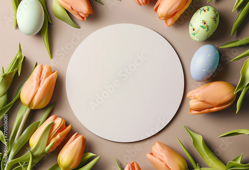 Top view illustration of fresh tulips and arranged eggs background with blank space, Easter background, advertisement banner, festive messages or promotions.