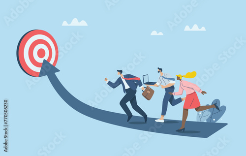 Challenging the business growth of careers and organizations. The path towards reaching or achieving business goals, Business team running towards the goal to achieve success. Vector illustration.