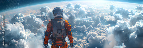  2D Illustrate of A Professional Skydiver Soaring, Astronaut in a space-suit in outer space beside a planet