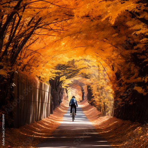 A cyclist riding through a tunnel of colorful autumn foliage