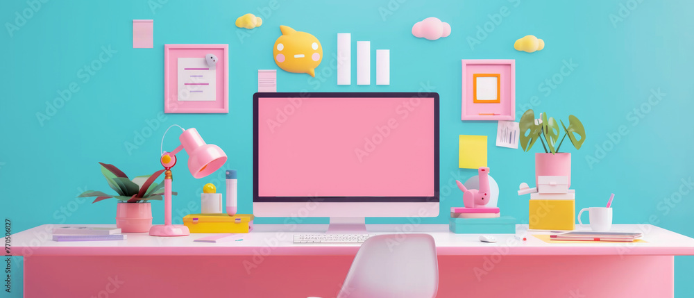 A computer desk with a pink monitor and a yellow lamp A computer desk with a pink monitor and a yellow lamp