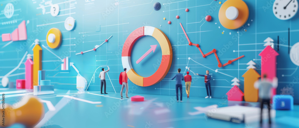 Fototapeta premium People are working on a large wall with various graphs and charts, analyze and interpret the data