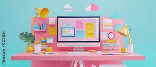 A computer desk with a pink background and a computer monitor, scene is cheerful and colorful