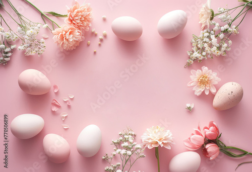 Top view illustration of Easter eggs  tulips  and confetti on a light purple surface  providing a spot for your holiday wishes or advertisements