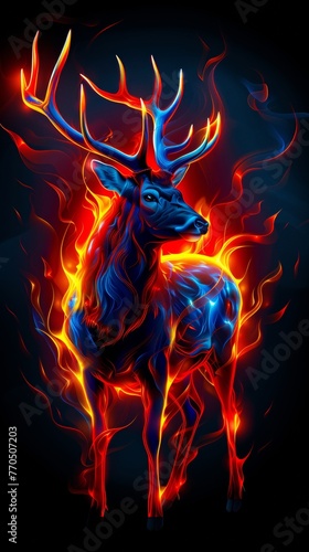 A stag with glowing antlers on a black background. A magical creature made of fire.