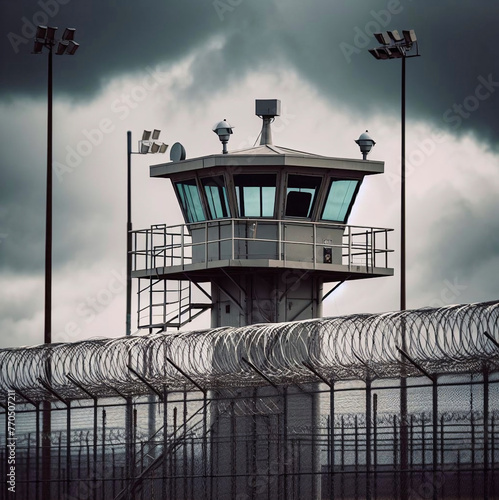 Prison guard tower surrounded by concertina wire created with artificial intelligence