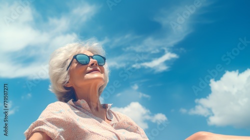 An elderly lady wearing dark glasses smiles at the sun	
