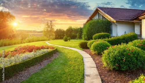 country lane in the morning natural landscape Beautiful manicured lawn and flowerbed with deciduous shrubs on private plot and track to house against backlit bright warm sunset evening light on backgr photo