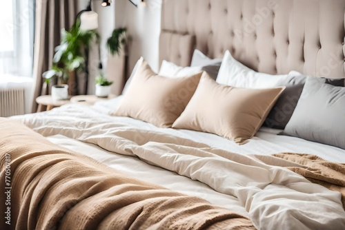 Cozy light beige Bedroom with Beige linen on a sofa